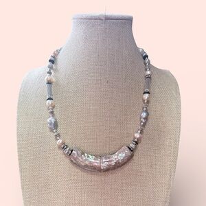 VTG Inlay Mother of Pearl/Abalone Mosaic Reversible  Necklace w/Pearls